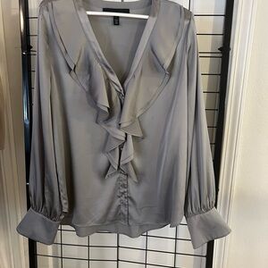 White House Black Market Gray Ruffled Satin Blouse